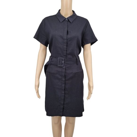 Halston Linen Blend Classic Black Belted Shirt Dress Women's Medium - Picture 1 of 12